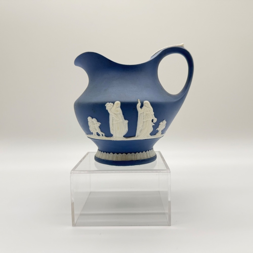 Antique Wedgwood Blue Jasperware Cream Pitcher Neoclassical White Bas Relief 5in